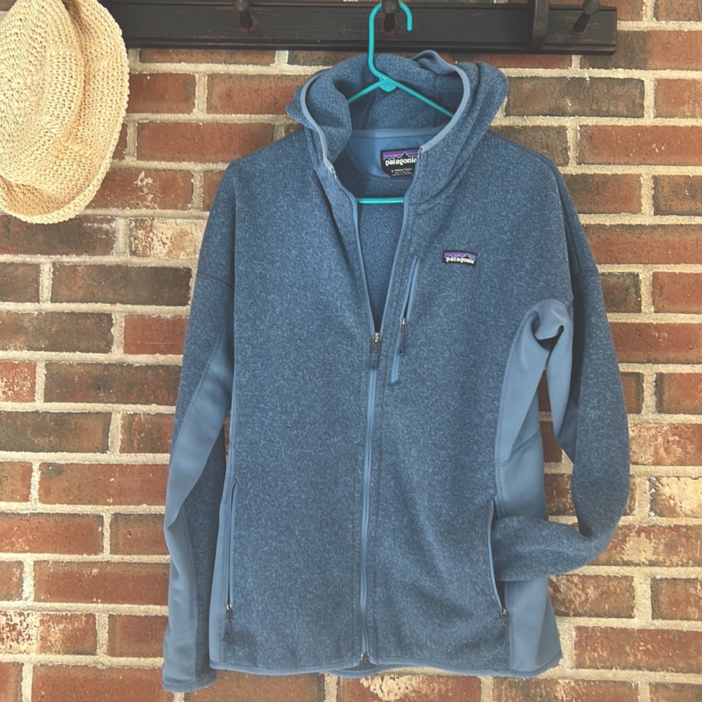 Patagonia, hooded, fleece size large, zip up blue